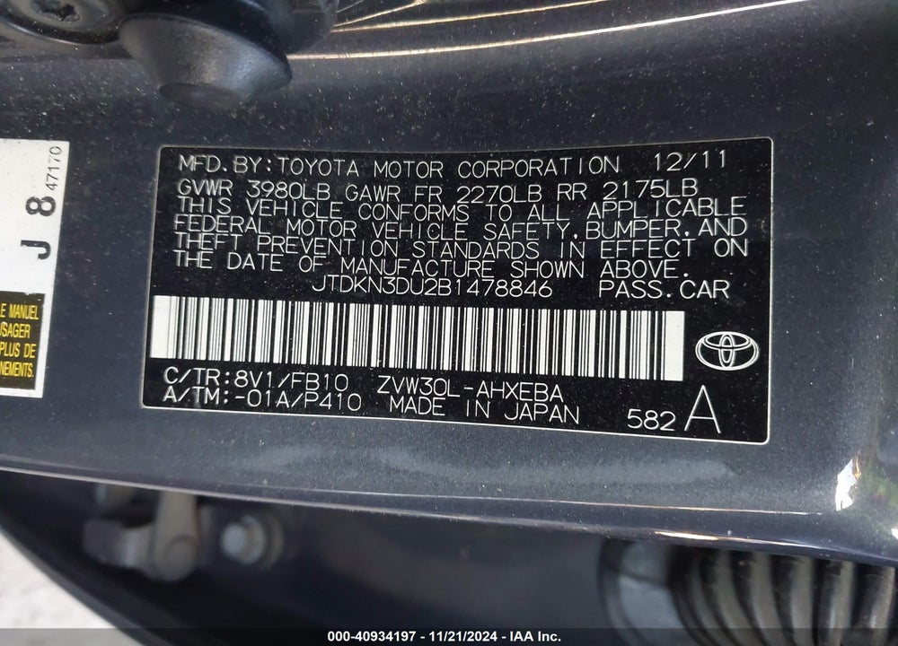2011 TOYOTA PRIUS TWO VIN: JTDKN3DU2B1478846