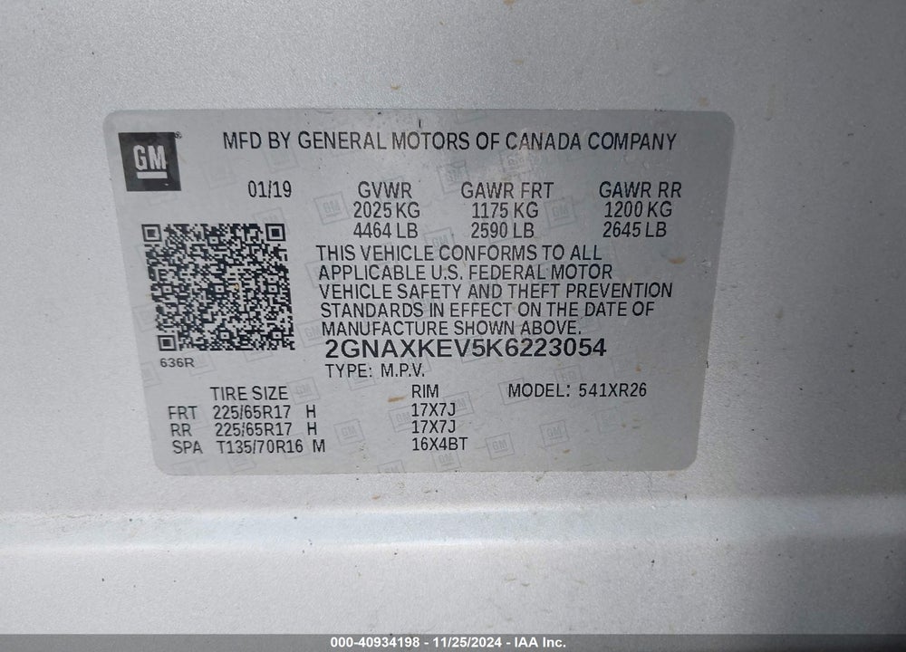 2019 CHEVROLET EQUINOX LT VIN: 2GNAXKEV5K6223054