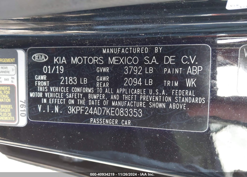 2019 KIA FORTE LXS VIN: 3KPF24AD7KE083353