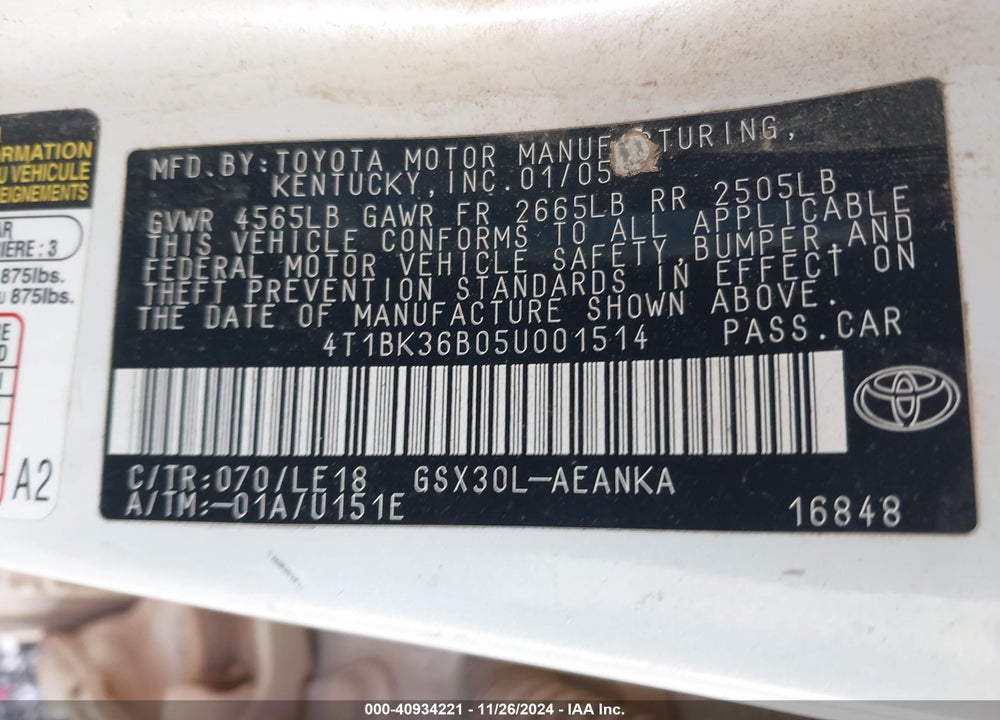 2005 TOYOTA AVALON TOURING VIN: 4T1BK36B05U001514