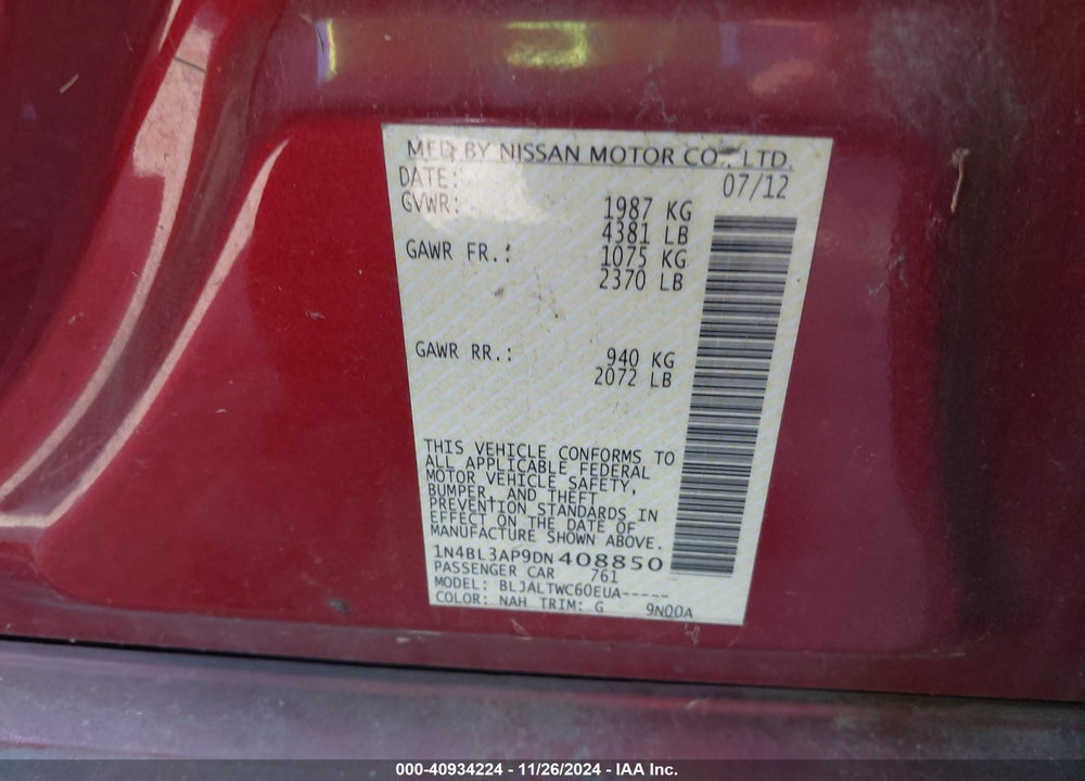 2013 NISSAN ALTIMA 3.5 SV VIN: 1N4BL3AP9DN408850