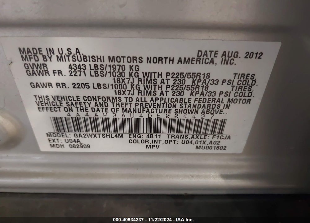 2013 MITSUBISHI OUTLANDER SPORT ES VIN: 4A4AP3AU4DE004427