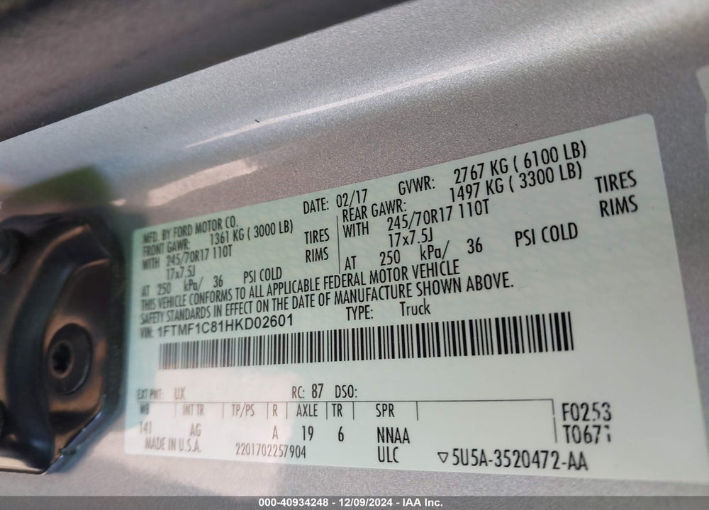 2017 FORD F-150 XL VIN: 1FTMF1C81HKD02601