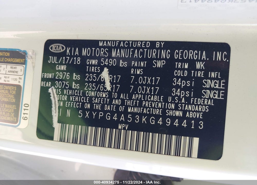 2019 KIA SORENTO 3.3L LX VIN: 5XYPG4A53KG494413