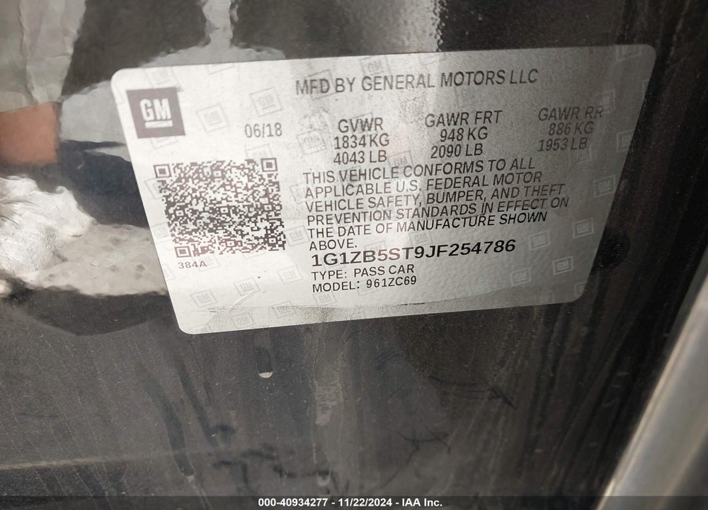 2018 CHEVROLET MALIBU 1LS VIN: 1G1ZB5ST9JF254786