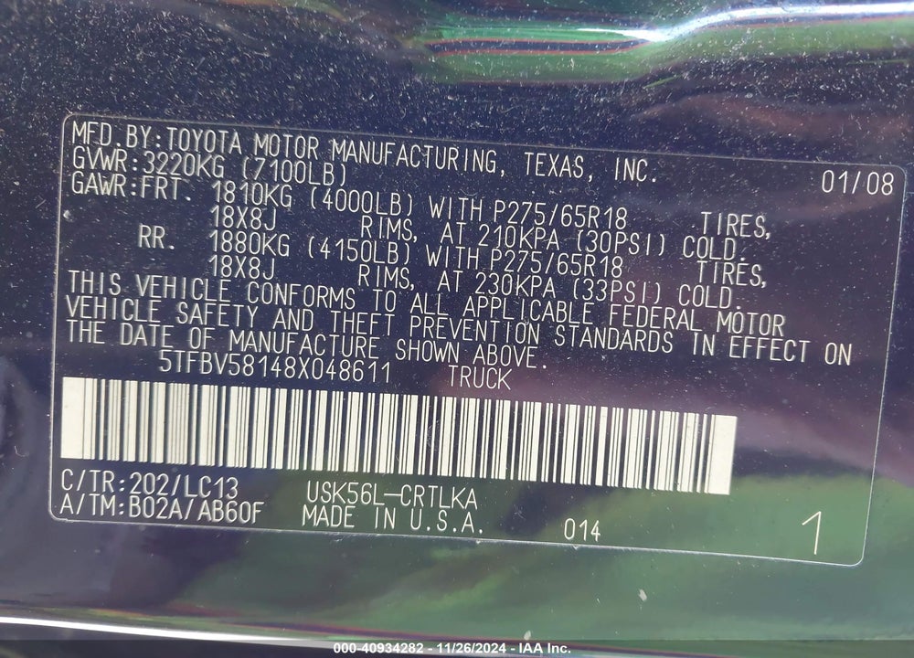 2008 TOYOTA TUNDRA LIMITED 5.7L V8 VIN: 5TFBV58148X048611