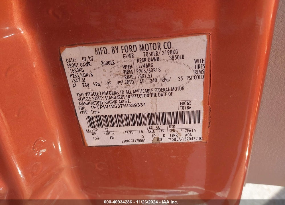 2007 FORD F-150 LARIAT/XLT VIN: 1FTPW12537KD39331