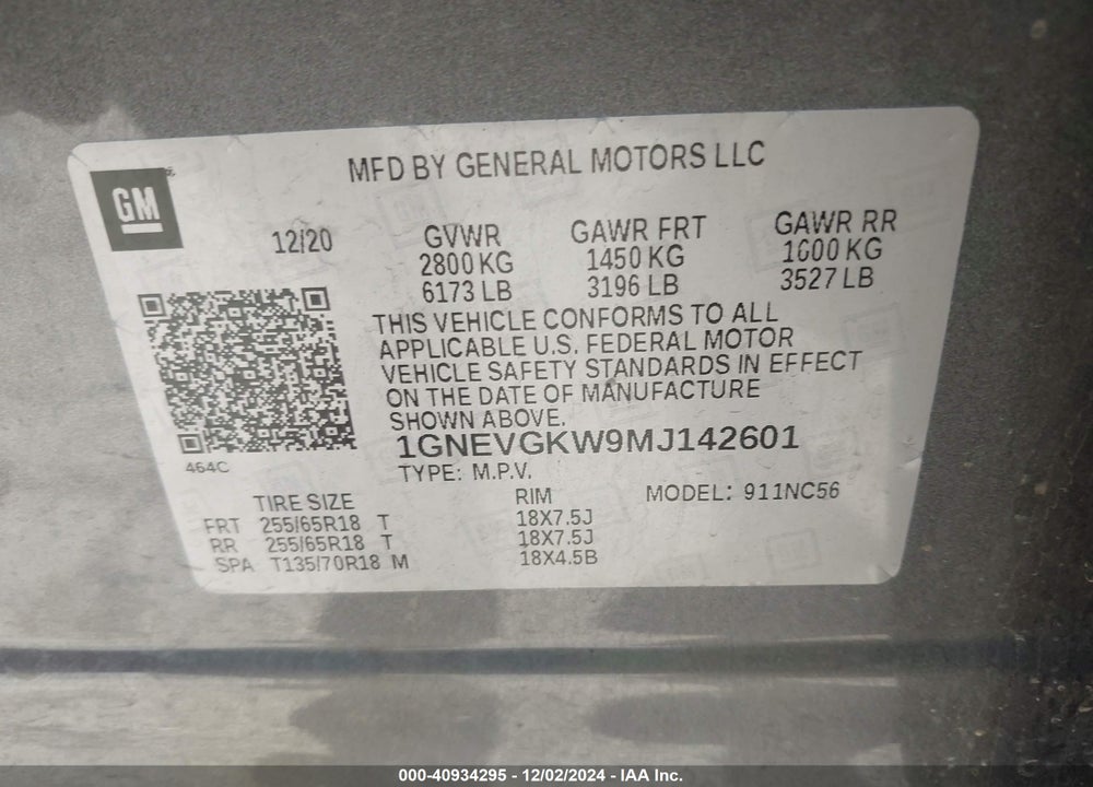 2021 CHEVROLET TRAVERSE AWD LT CLOTH VIN: 1GNEVGKW9MJ142601