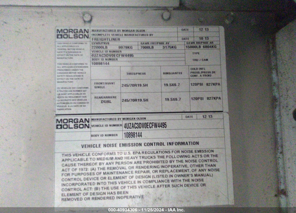 2014 FREIGHTLINER CHASSIS M LINE WALK-IN VAN VIN: 4UZAC3DV0ECFW4495