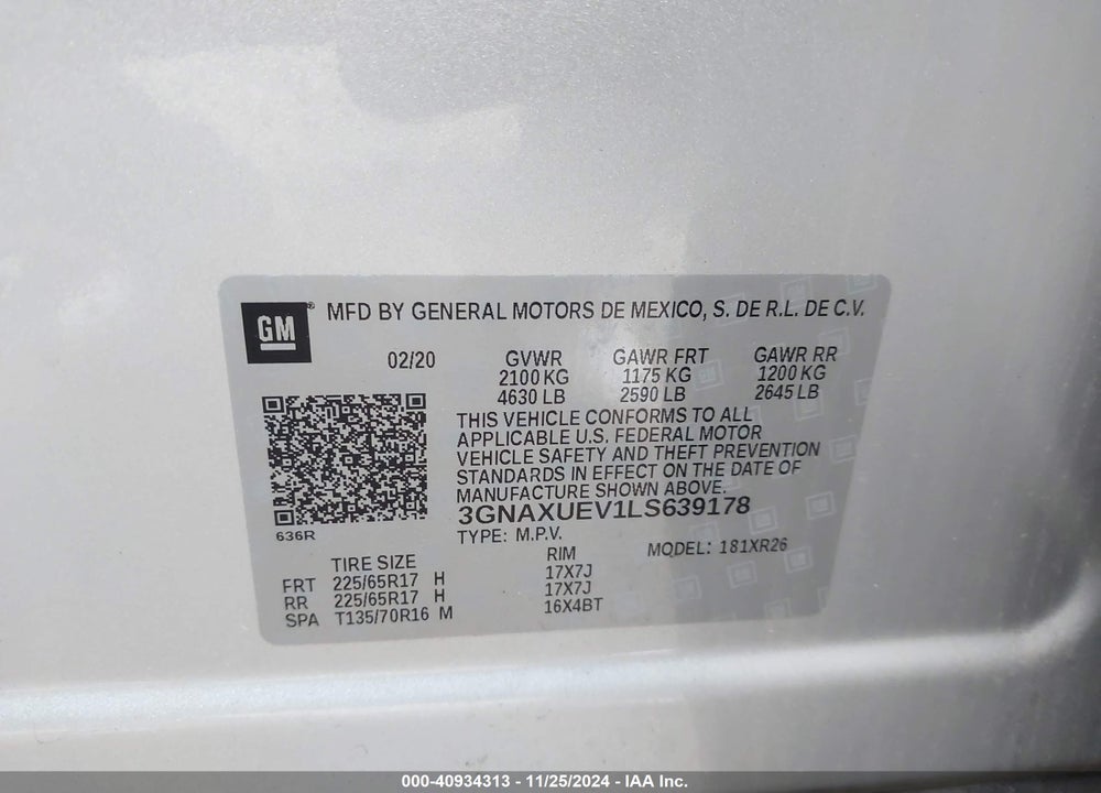 2020 CHEVROLET EQUINOX AWD LT 1.5L TURBO VIN: 3GNAXUEV1LS639178