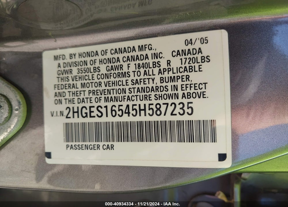 2005 HONDA CIVIC LX VIN: 2HGES16545H587235