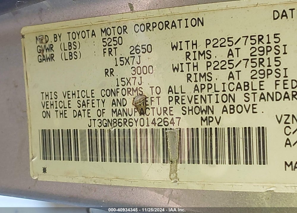 2000 TOYOTA 4RUNNER SR5 V6 VIN: JT3GN86R6Y0142647