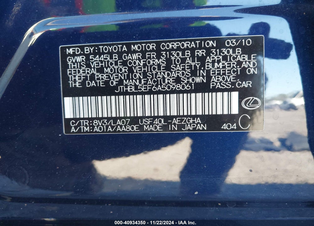 2010 LEXUS LS 460 VIN: JTHBL5EF6A5098061