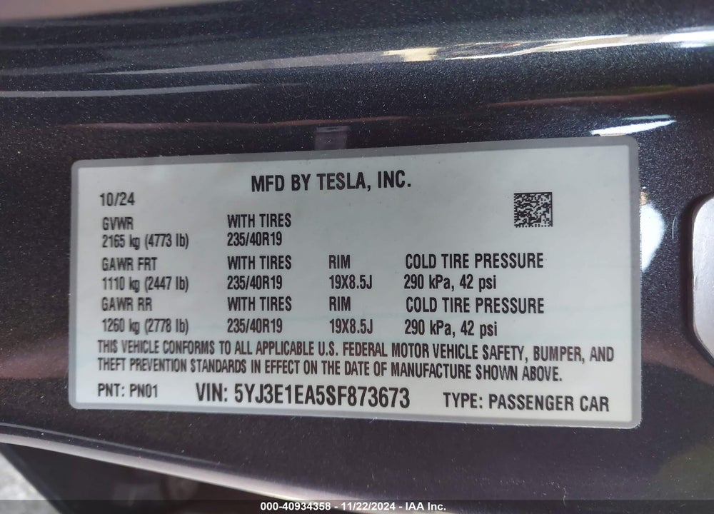 2025 TESLA MODEL 3 LONG RANGE REAR-WHEEL DRIVE VIN: 5YJ3E1EA5SF873673
