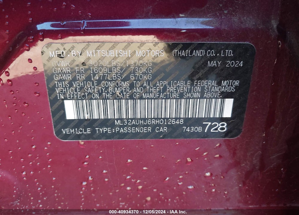 2024 MITSUBISHI MIRAGE VIN: ML32AUHJ6RH012648