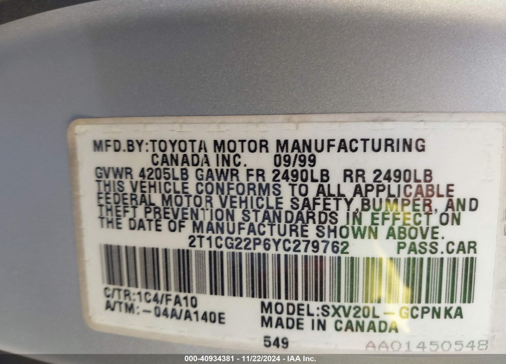 2000 TOYOTA CAMRY SOLARA SE VIN: 2T1CG22P6YC279762