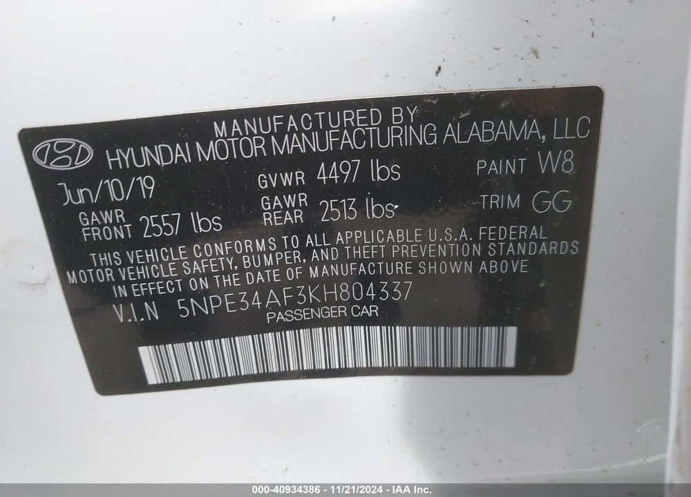 2019 HYUNDAI SONATA SEL VIN: 5NPE34AF3KH804337