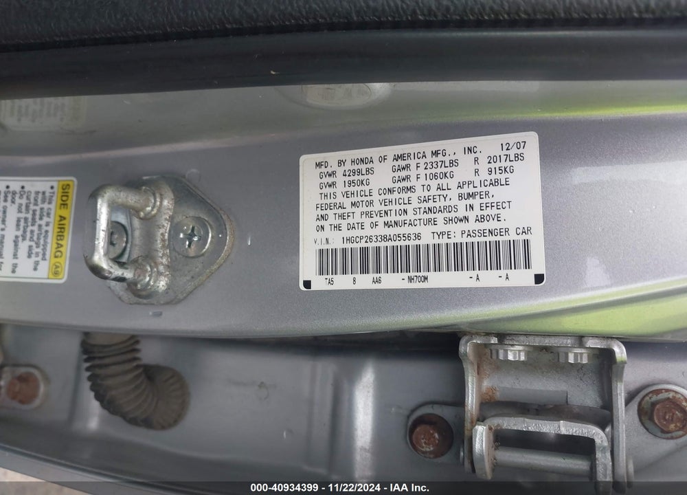 2008 HONDA ACCORD 2.4 LX VIN: 1HGCP26338A055636