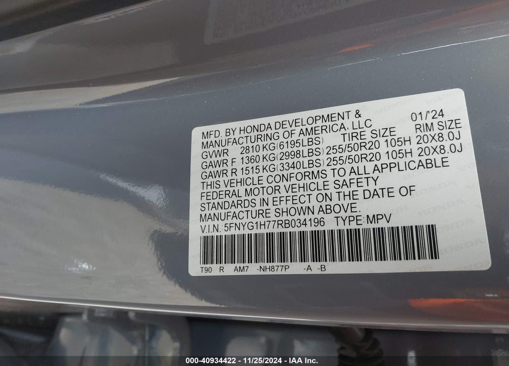 2024 HONDA PILOT TOURING VIN: 5FNYG1H77RB034196