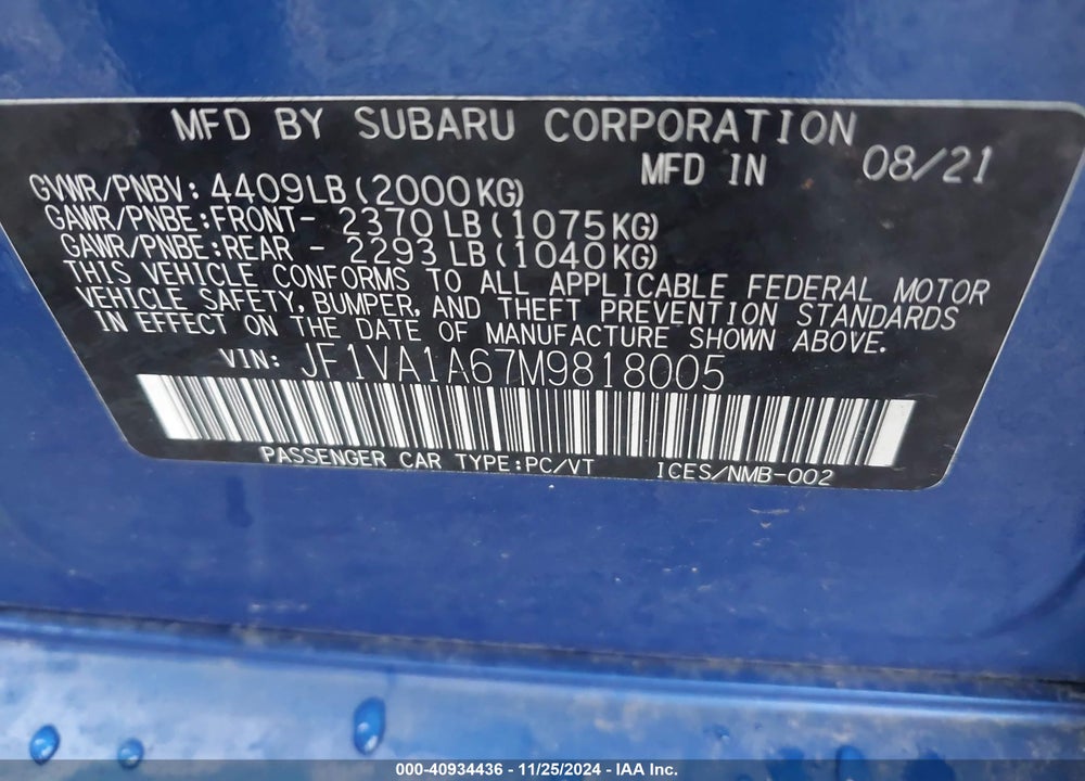 2021 SUBARU WRX VIN: JF1VA1A67M9818005