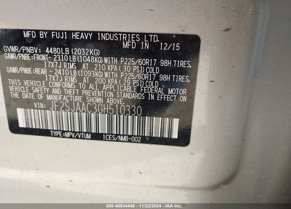 2016 SUBARU FORESTER 2.5I VIN: JF2SJAAC3GH510330