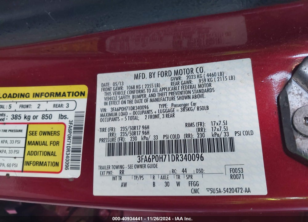 2013 FORD FUSION SE VIN: 3FA6P0H71DR340096