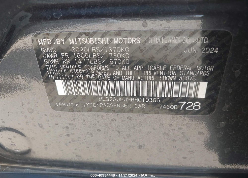 2024 MITSUBISHI MIRAGE ES/LE VIN: ML32AUHJ9RH019366