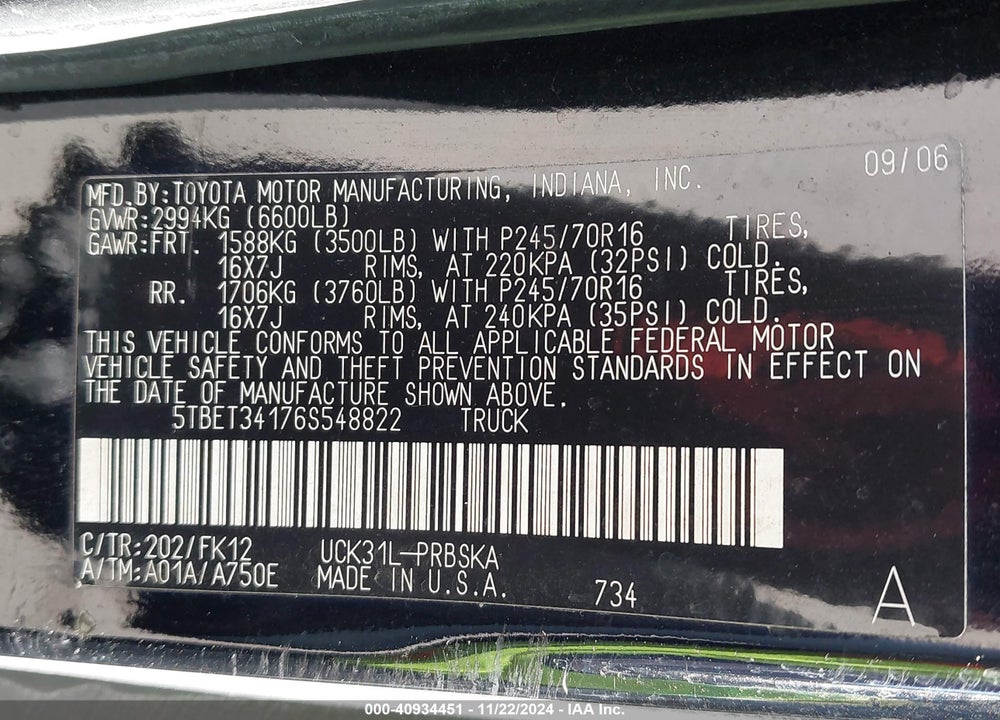 2006 TOYOTA TUNDRA SR5 V8 VIN: 5TBET34176S548822