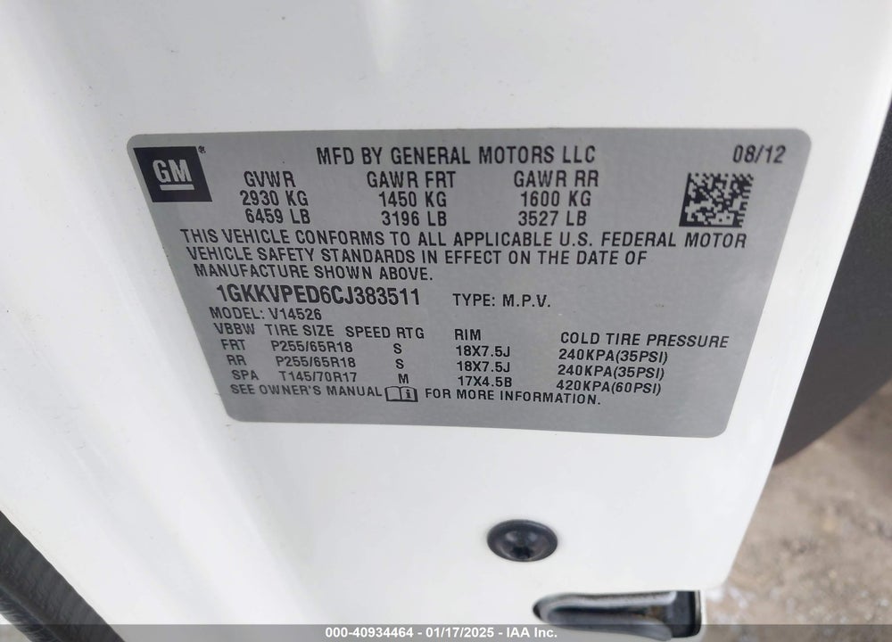 2012 GMC ACADIA SLE VIN: 1GKKVPED6CJ383511