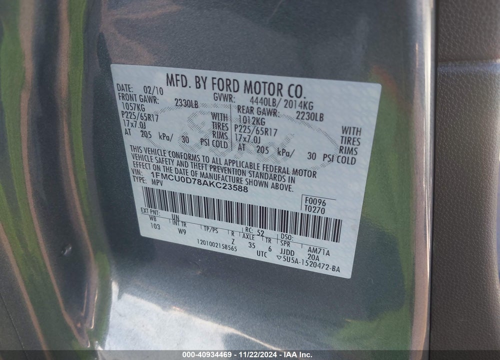 2010 FORD ESCAPE XLT VIN: 1FMCU0D78AKC23588