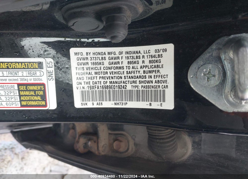 2009 HONDA CIVIC EX-L VIN: 19XFA16989E019242