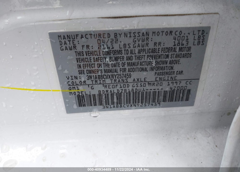 2022 NISSAN SENTRA SV XTRONIC CVT VIN: 3N1AB8CVXNY257459