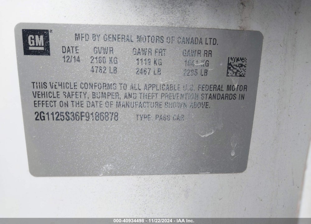 2015 CHEVROLET IMPALA 2LT VIN: 2G1125S36F9186878