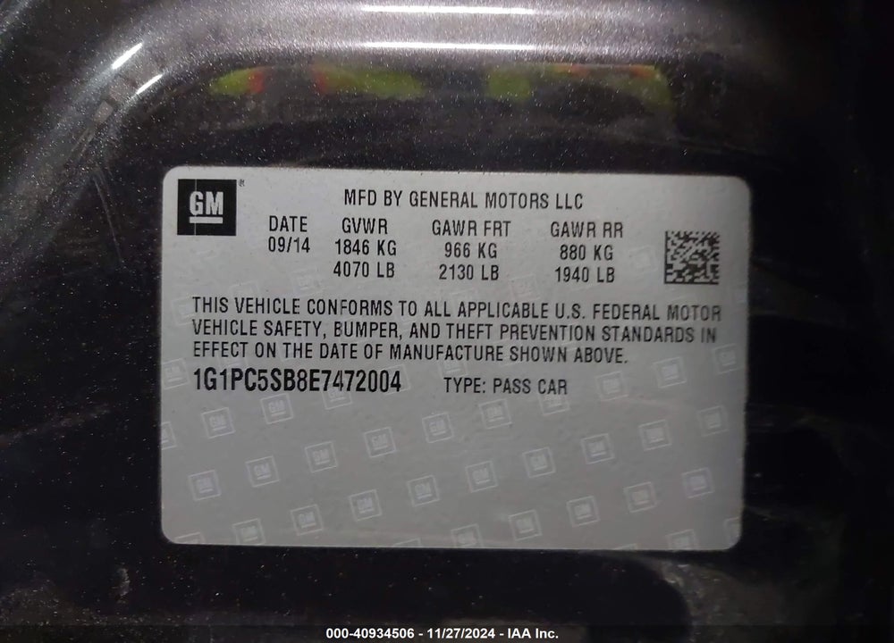 2014 CHEVROLET CRUZE 1LT AUTO VIN: 1G1PC5SB8E7472004