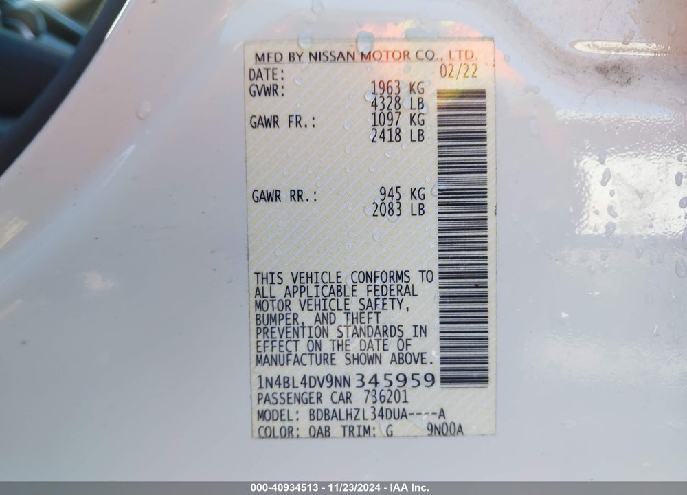 2022 NISSAN ALTIMA SV FWD VIN: 1N4BL4DV9NN345959