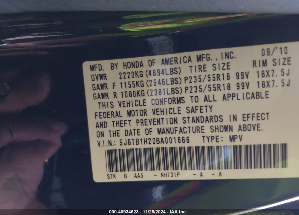 2011 ACURA RDX BASE (A5) VIN: 5J8TB1H20BA001666