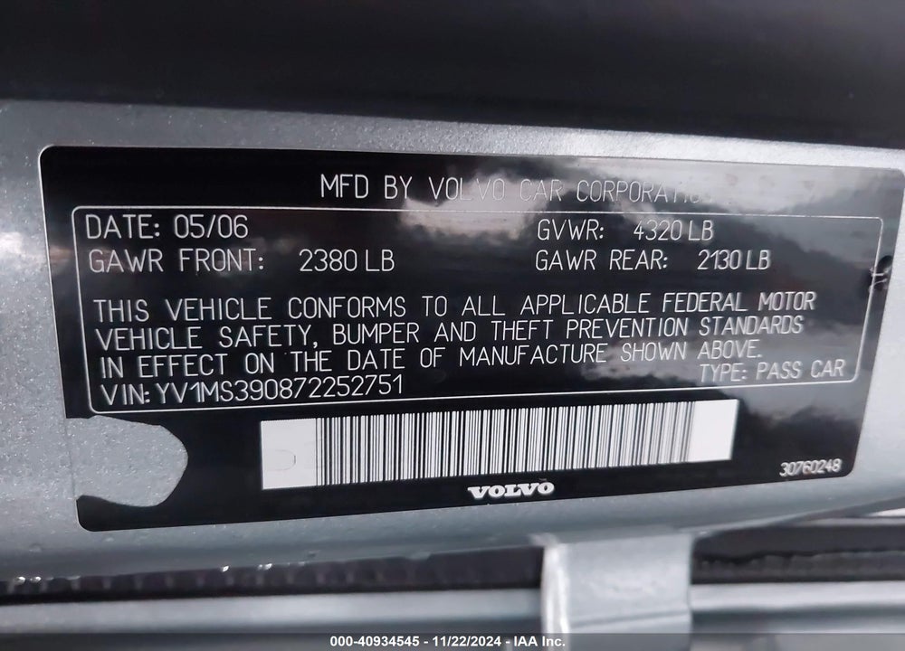 2007 VOLVO S40 2.4I VIN: YV1MS390872252751