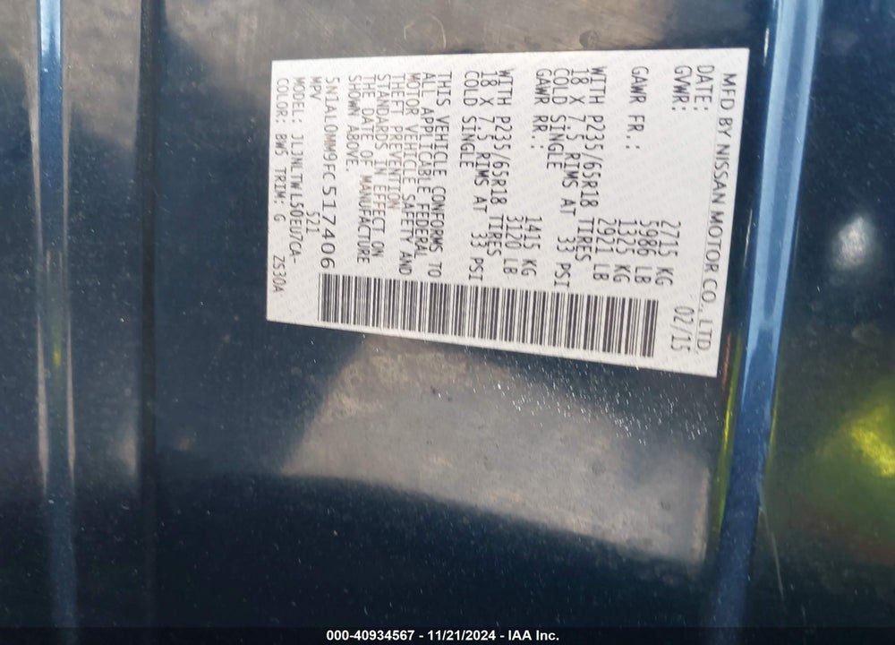 2015 INFINITI QX60 VIN: 5N1AL0MM9FC517406