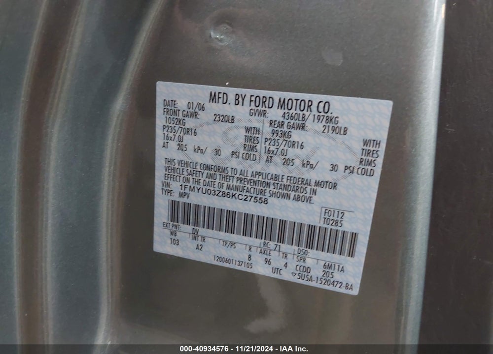 2006 FORD ESCAPE XLT VIN: 1FMYU03Z86KC27558