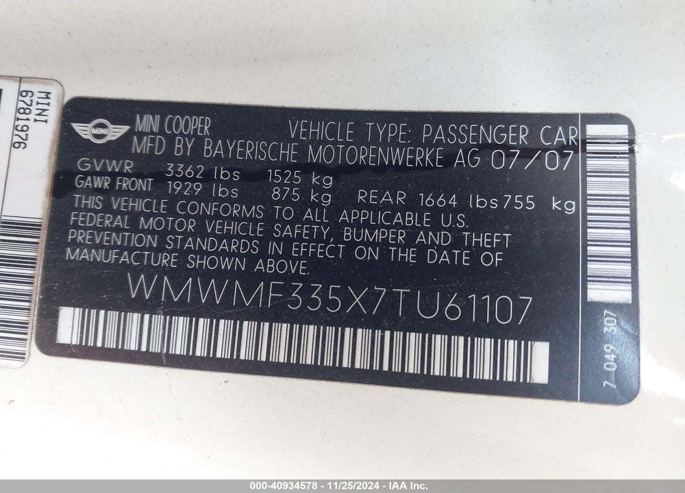 2007 MINI COOPER --- VIN: WMWMF335X7TU61107