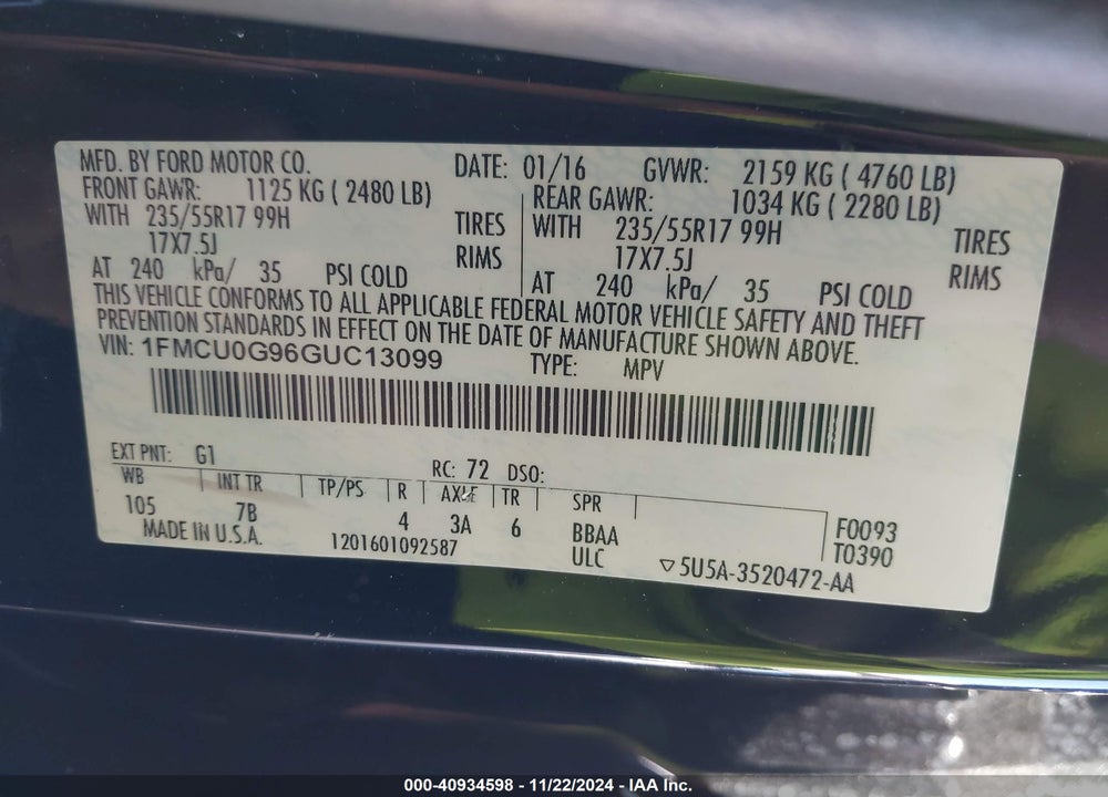 2016 FORD ESCAPE SE VIN: 1FMCU0G96GUC13099
