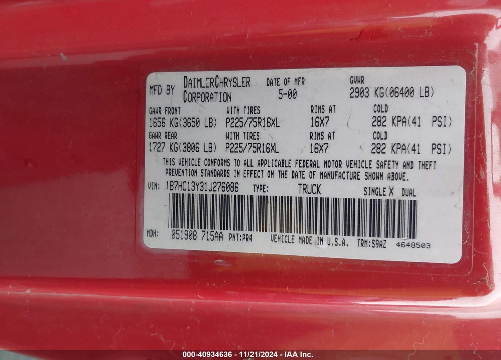 2001 DODGE RAM 1500 ST VIN: 1B7HC13Y31J276086