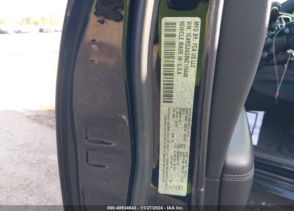 2022 DODGE DURANGO SXT AWD VIN: 1C4RDJAG8NC174448