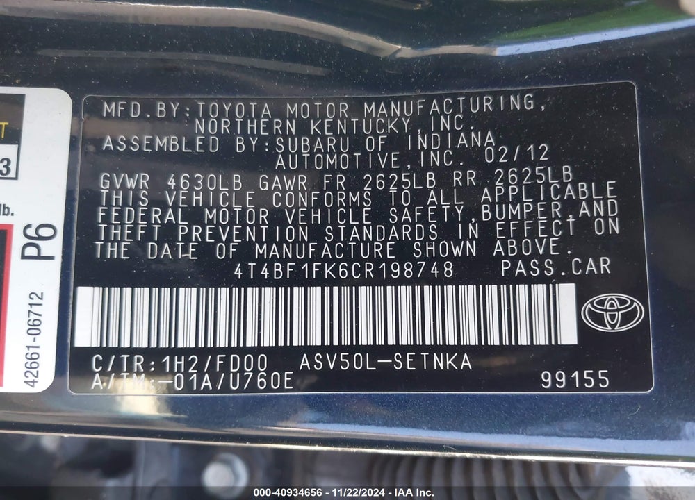 2012 TOYOTA CAMRY LE VIN: 4T4BF1FK6CR198748