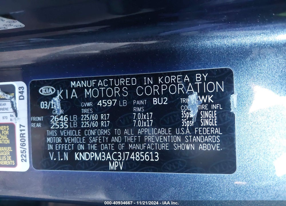 2018 KIA SPORTAGE LX VIN: KNDPM3AC3J7485613