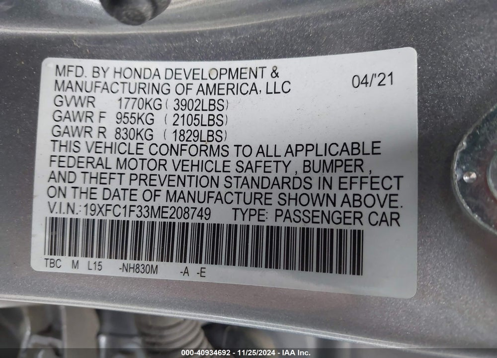 2021 HONDA CIVIC EX VIN: 19XFC1F33ME208749