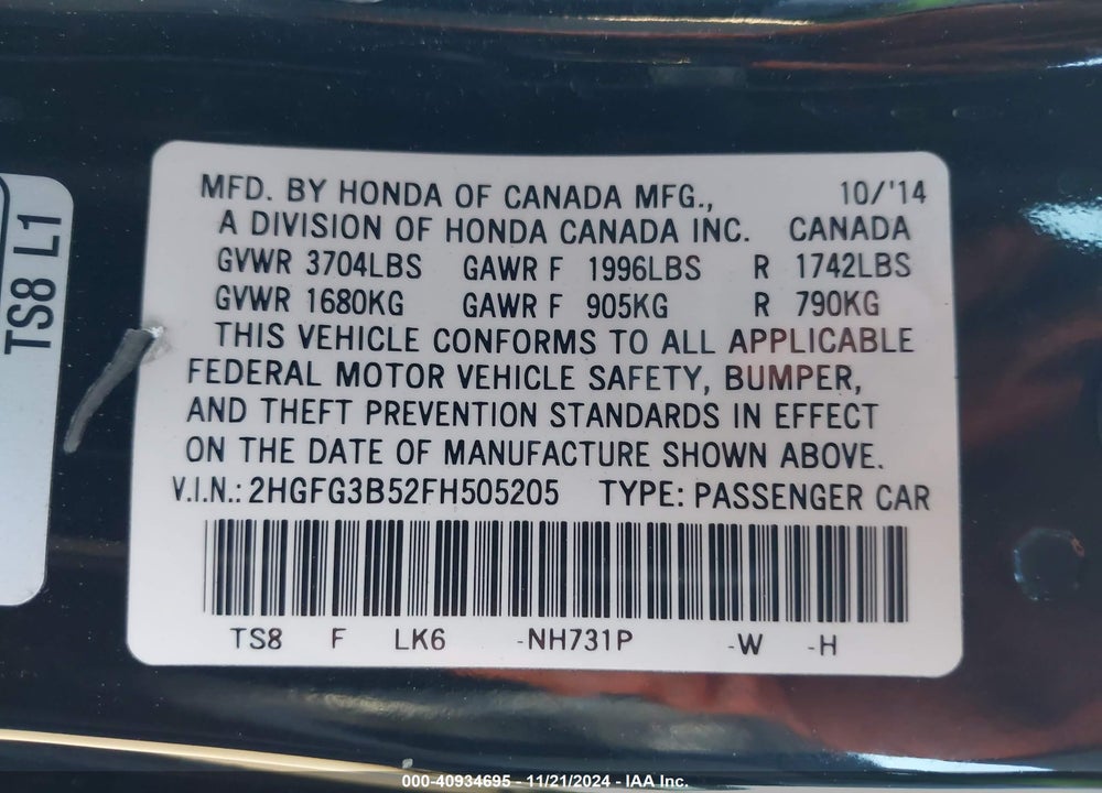 2015 HONDA CIVIC LX VIN: 2HGFG3B52FH505205