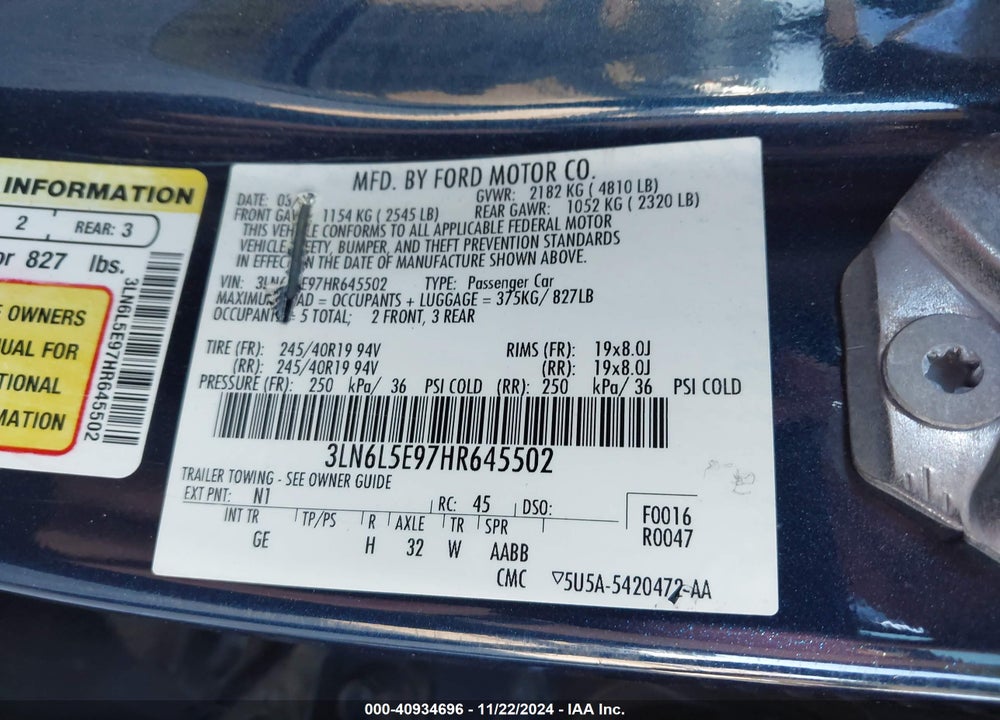 2017 LINCOLN MKZ RESERVE VIN: 3LN6L5E97HR645502