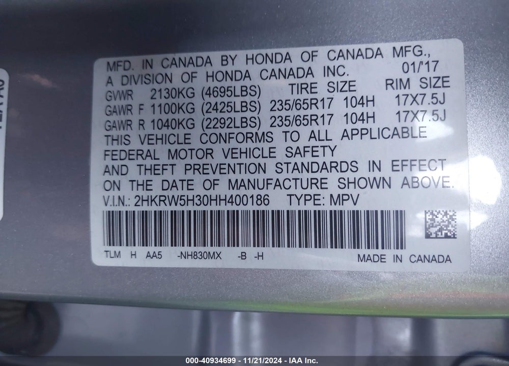 2017 HONDA CR-V LX VIN: 2HKRW5H30HH400186