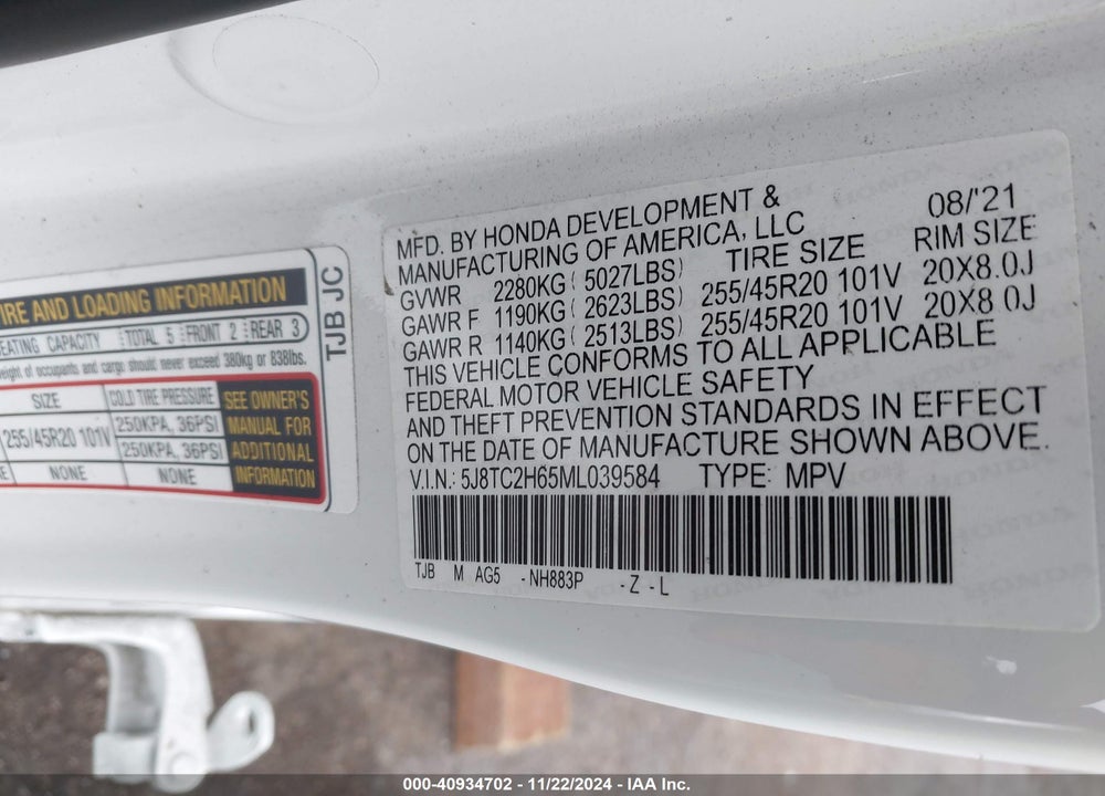 2021 ACURA RDX A-SPEC PACKAGE VIN: 5J8TC2H65ML039584